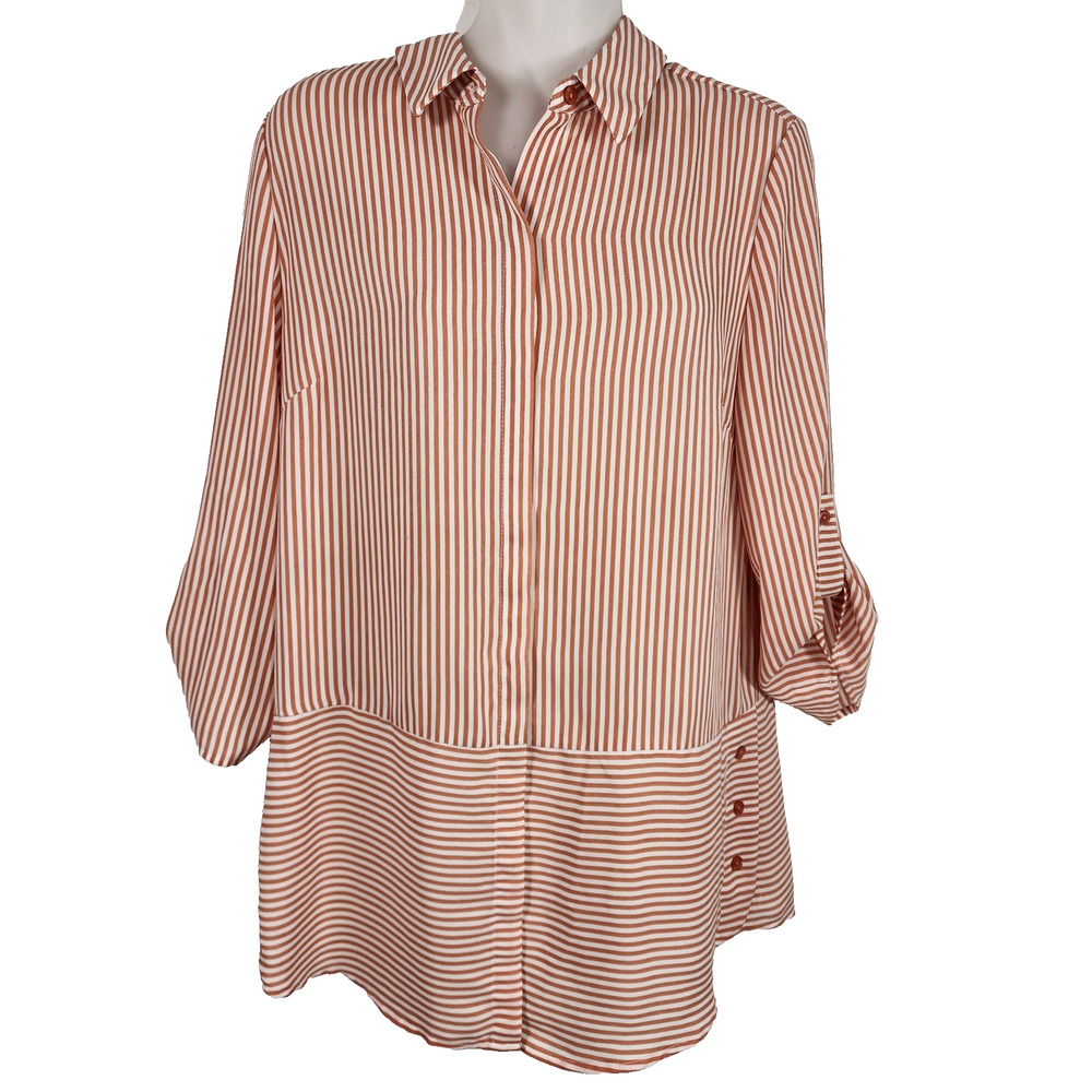 Chico's Women Shirt 0 Small Orange Striped Hidden Button 3/4 Tab Sleeve Slinky